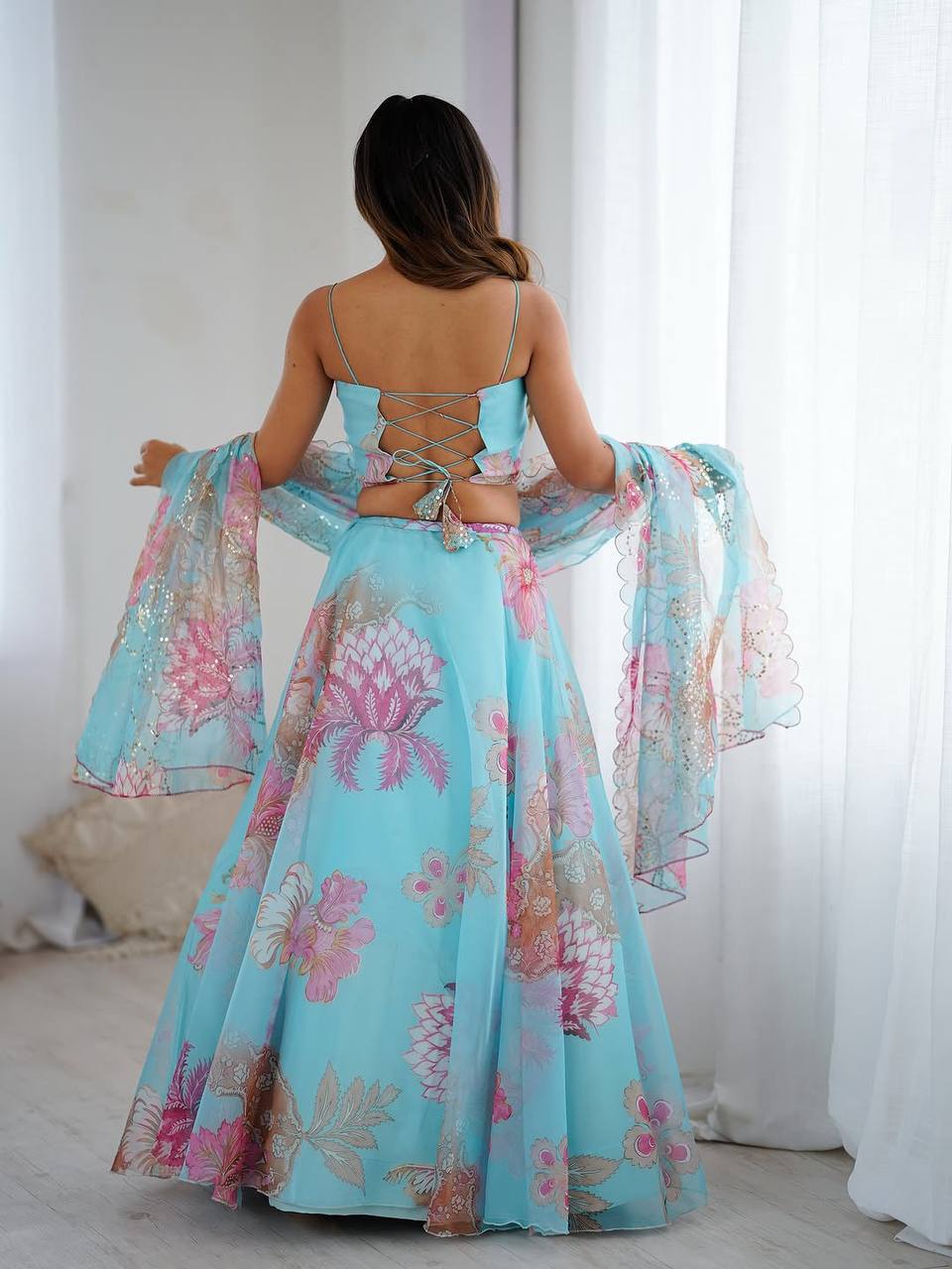Laksharaa Sarees DIANA - Sky Blue Corset Style Partywear Lehenga Sky Blue Back View on Model