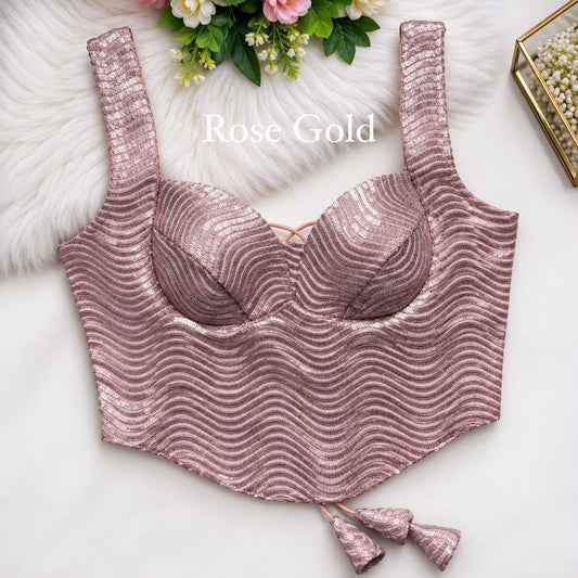 Rose gold corset style partywear blouse with sequin wave embroidery