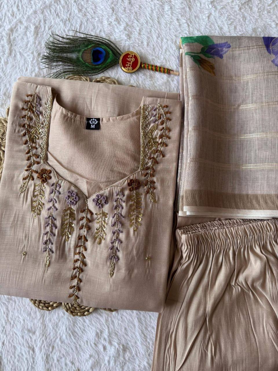 Laksharaa Sarees Festive Special mul Chanderi Kurti Set Champagne Close Up of Kurti and Pants