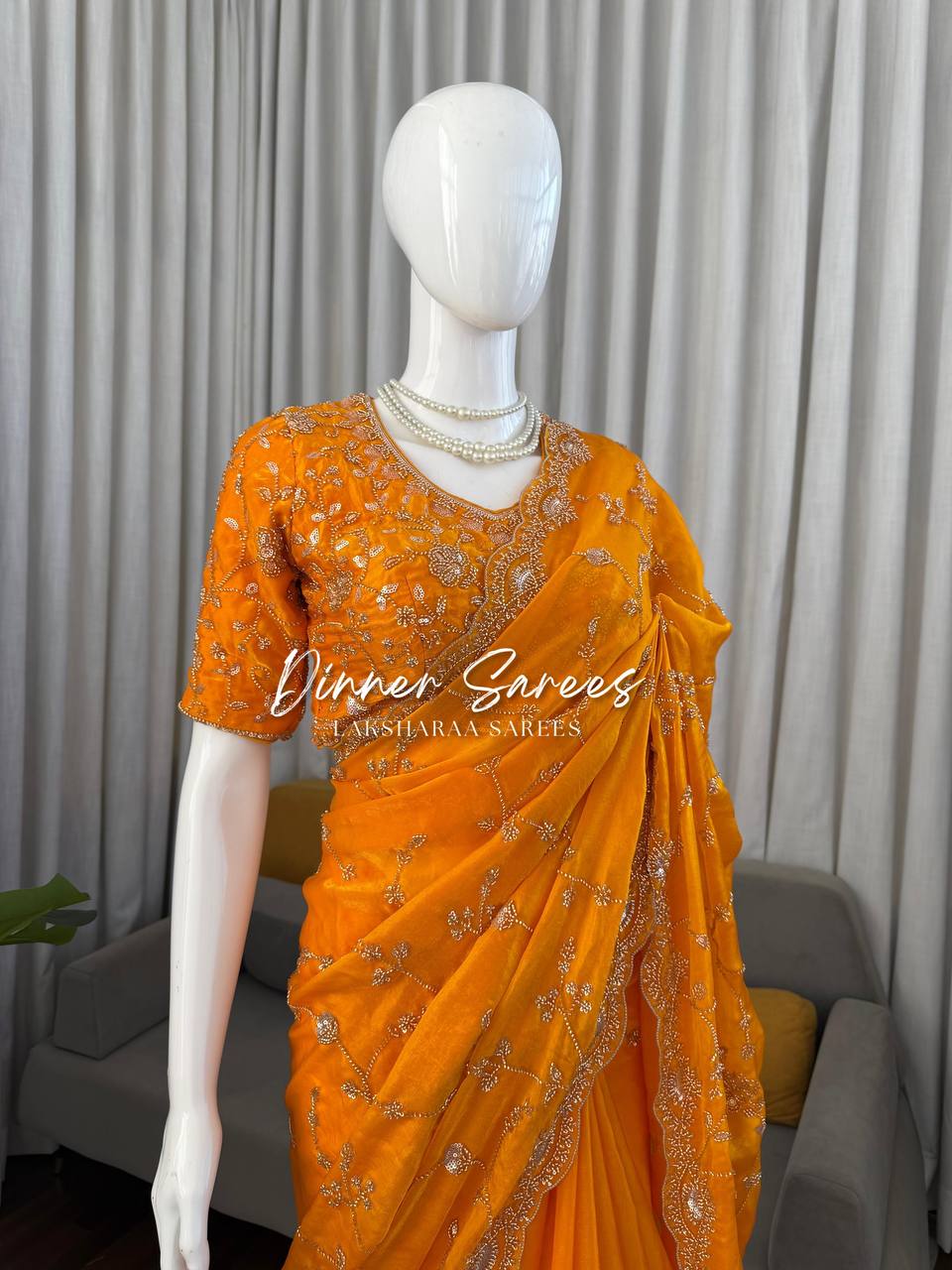 Laksharaa Sarees MEENA Designer Saree Mustard Yellow draped on mannequin, upper body view