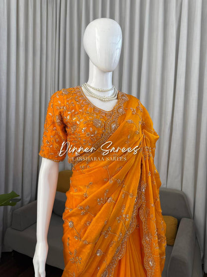 Laksharaa Sarees MEENA Designer Saree Mustard Yellow draped on mannequin, upper body view