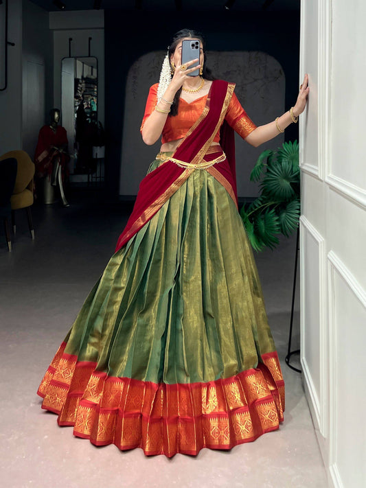 Laksharaa Sarees TARINI - Kanchi Cotton Silk Half Saree Lehenga Olive Green and Red