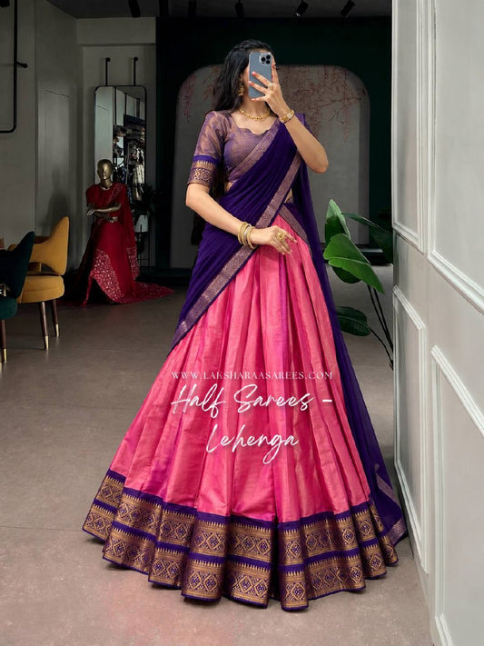 Laksharaa Sarees ARUNA - Kanchi Cotton Half Saree Lehenga Pink and Dark Purple