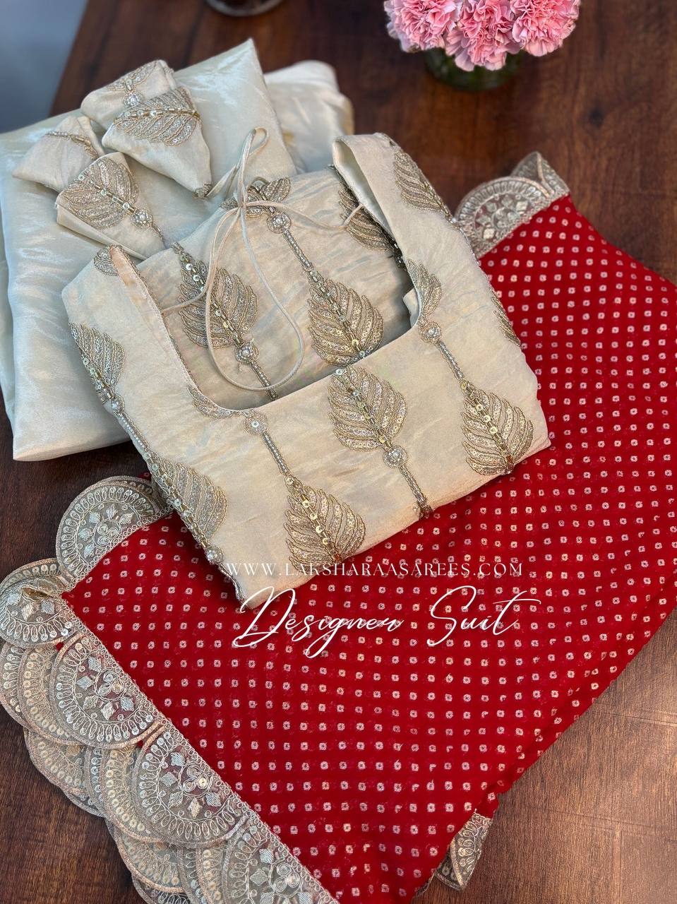 Laksharaa Sarees RESMA - Chinnon Designer Suit Off-White with Red Dupatta Flat Lay