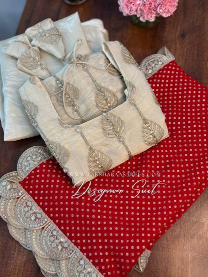 Laksharaa Sarees RESMA - Chinnon Designer Suit Off-White with Red Dupatta Flat Lay
