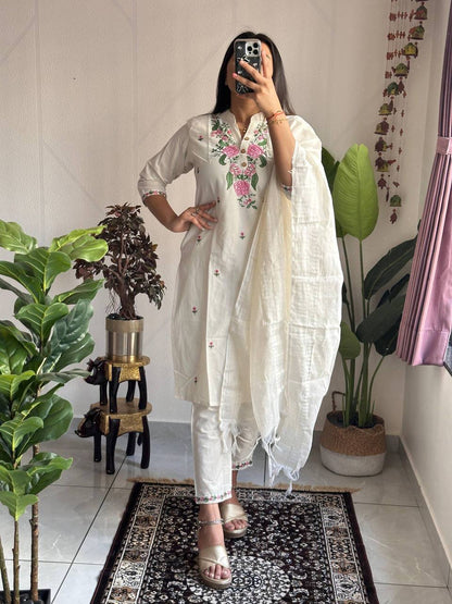 Laksharaa Sarees Cream Floral Kadhi Cotton Kurti Set Cream