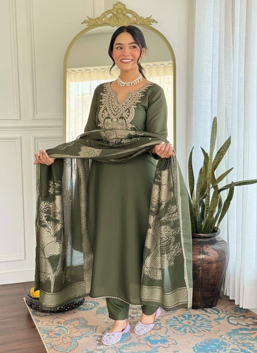 Laksharaa Sarees PATRICIA — cotton blend Kurti set Olive Green Worn by Model