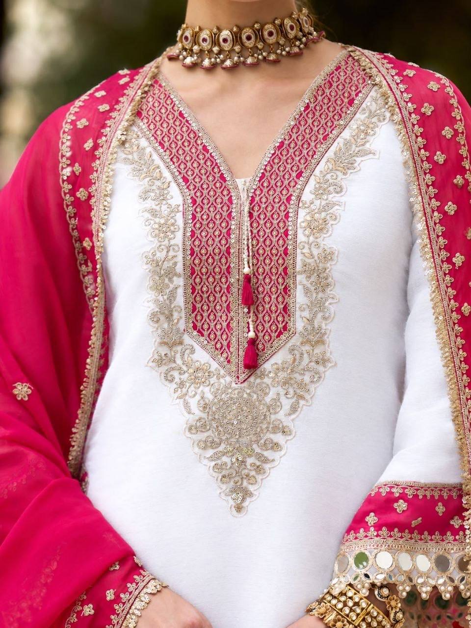 Laksharaa Sarees Chinnon Silk Kurti Set Off-White and Pink Neckline Detail