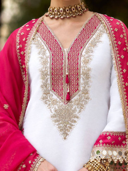 Laksharaa Sarees Chinnon Silk Kurti Set Off-White and Pink Neckline Detail