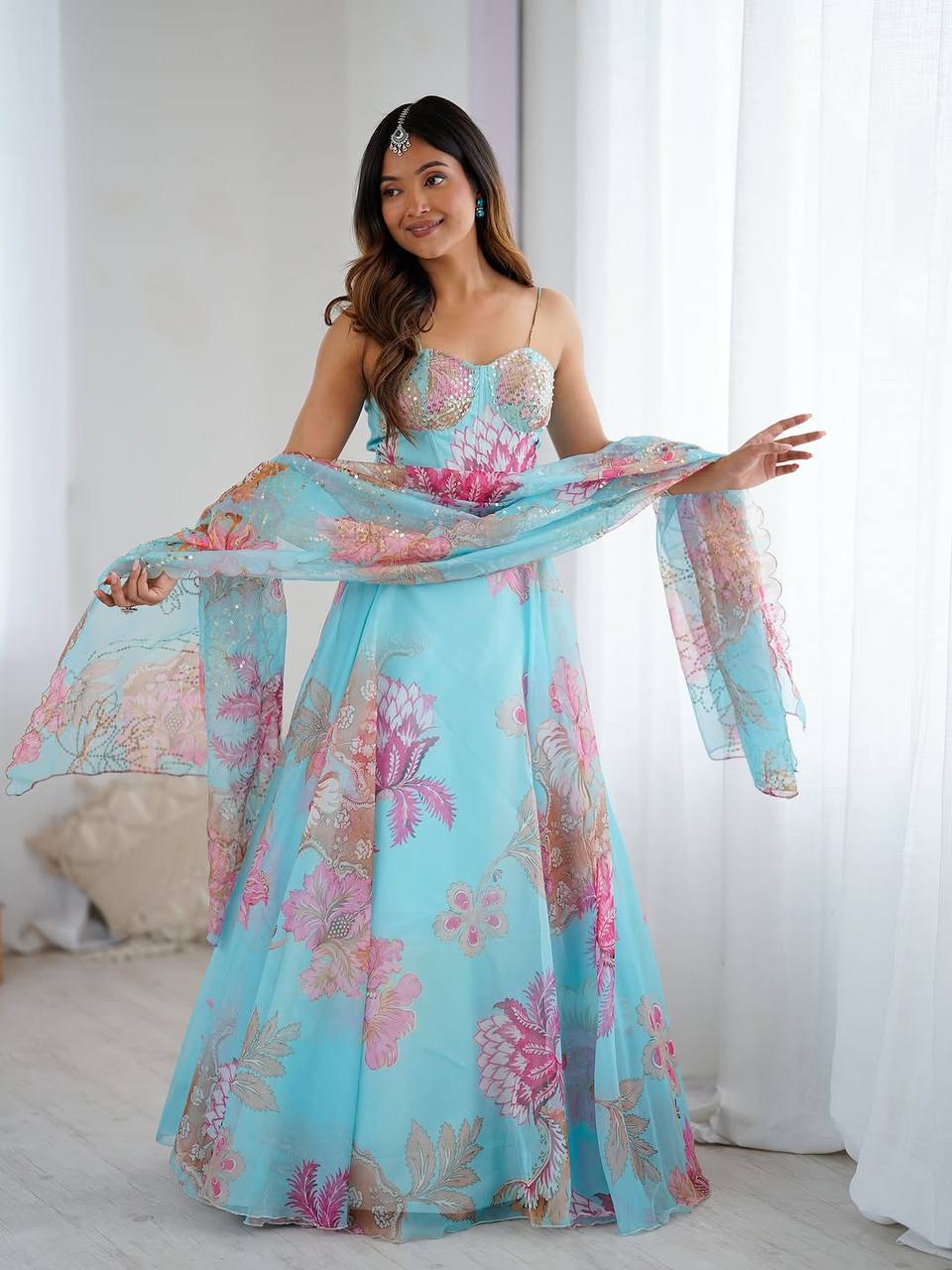 Laksharaa Sarees DIANA - Sky Blue Corset Style Partywear Lehenga Sky Blue Front View on Model