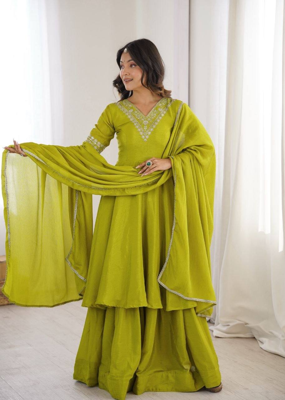 Laksharaa Sarees Chinnon Silk Peplum Suit Lime Green
