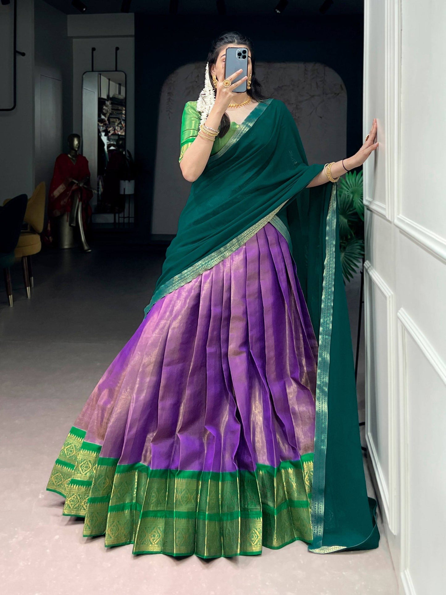 Laksharaa Sarees TARINI - Kanchi Cotton Silk Half Saree Lehenga Teal and Purple