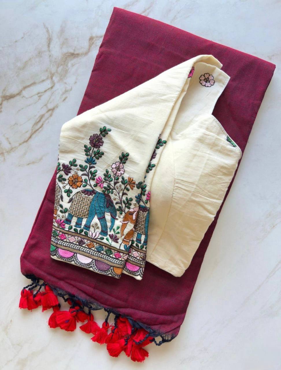 Laksharaa Sarees SUGEE comfy kadhi cotton saree x readymade blouse Burgundy