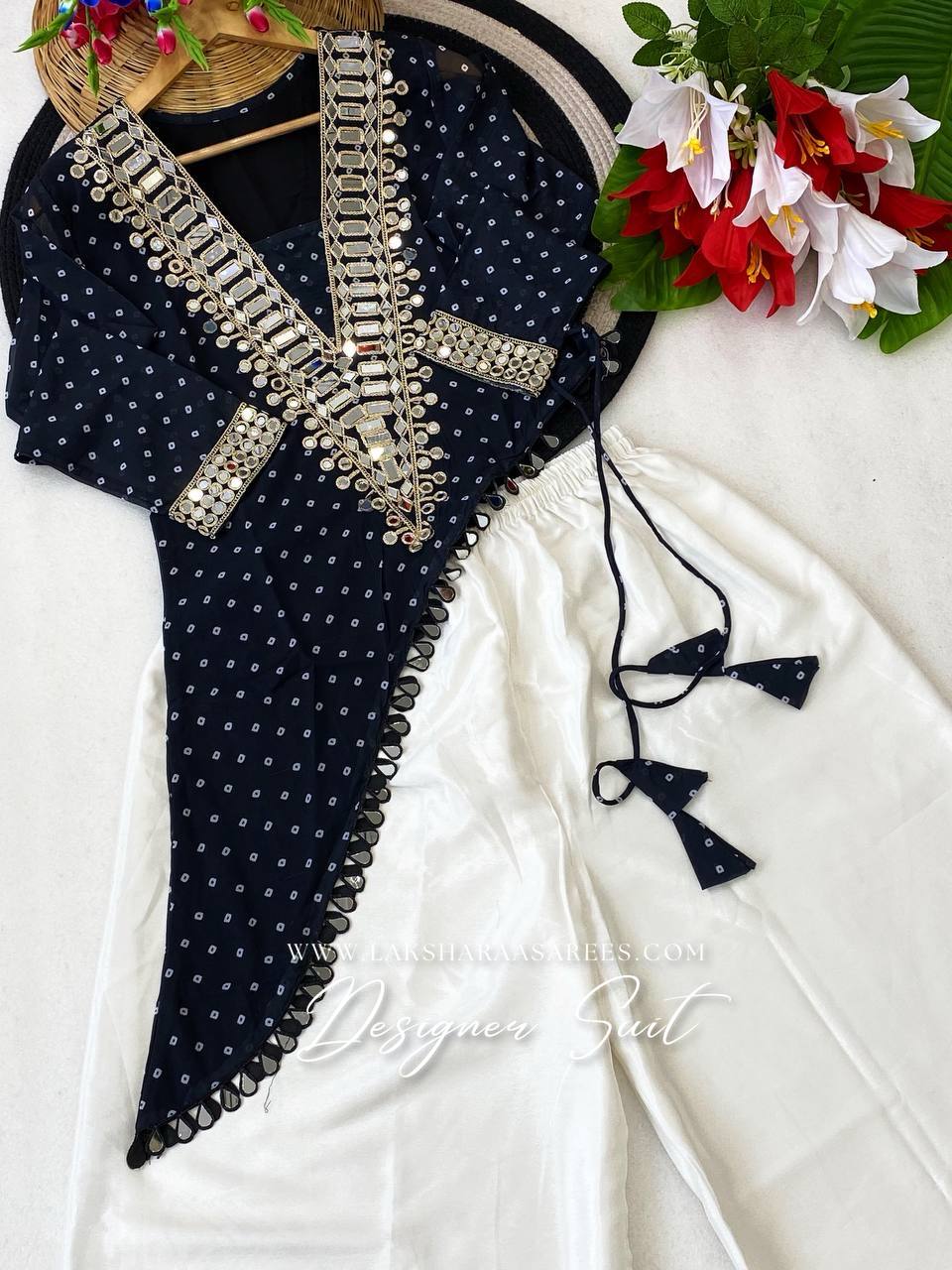 Laksharaa Sarees LYDIA Casual Georgette Mirror Work Top Palazzo Suit Navy Blue Flat Lay