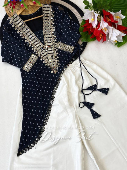 Laksharaa Sarees LYDIA Casual Georgette Mirror Work Top Palazzo Suit Navy Blue Flat Lay