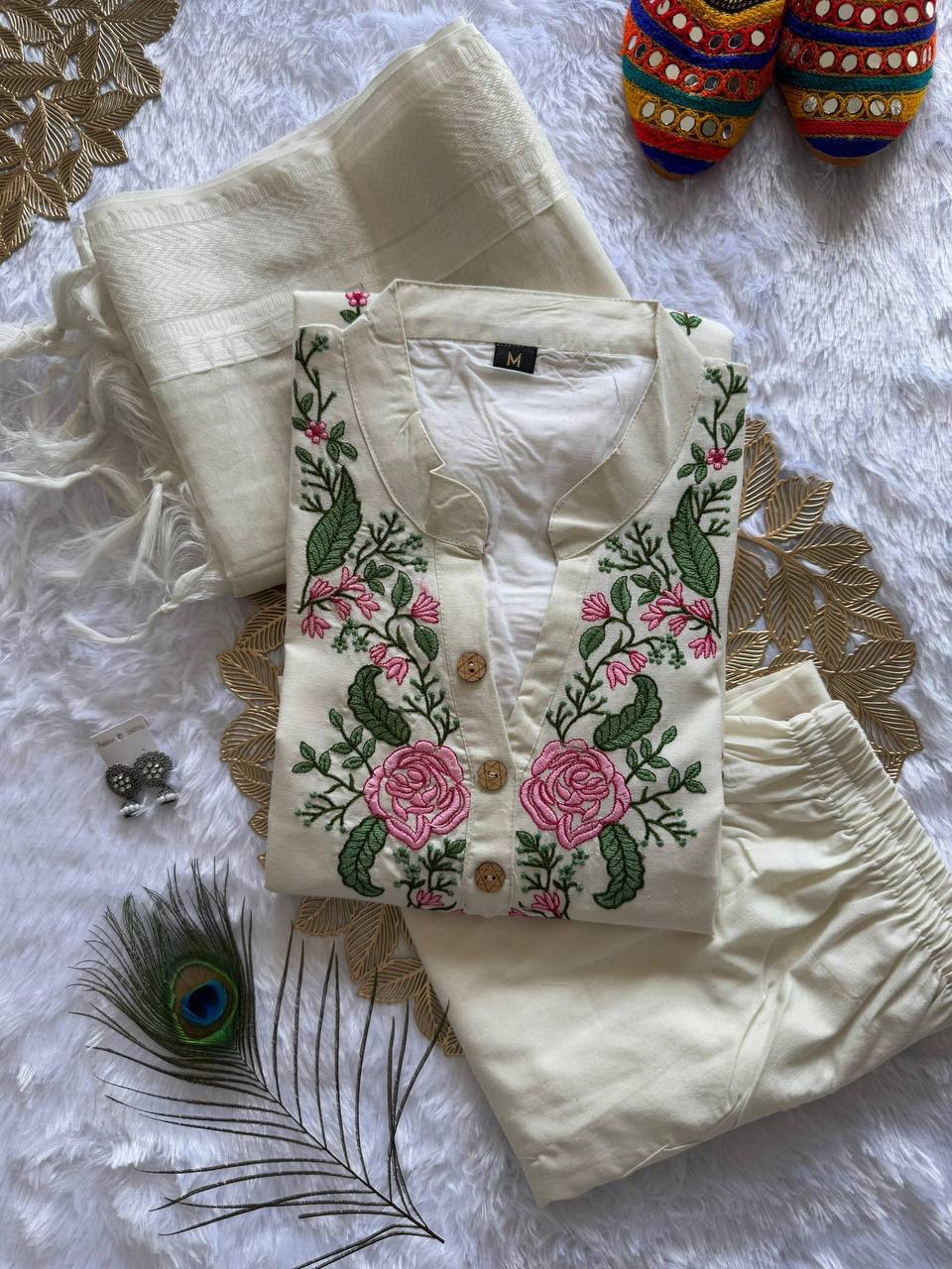 Laksharaa Sarees Cream Floral Kadhi Cotton Kurti Set Cream