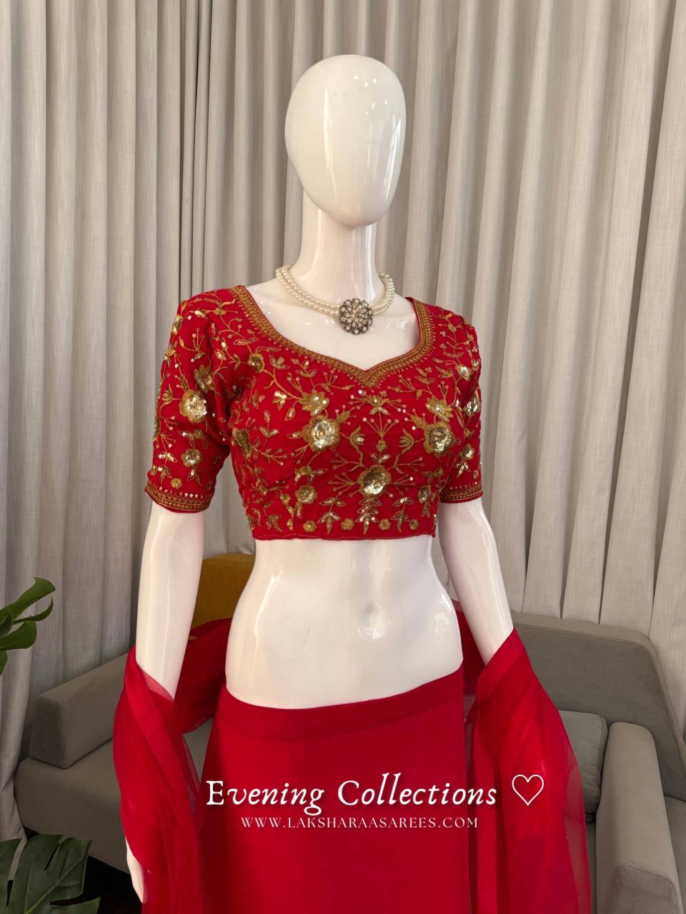 Laksharaa Sarees ELENA Half Saree Lehenga Red Blouse Detail on Mannequin