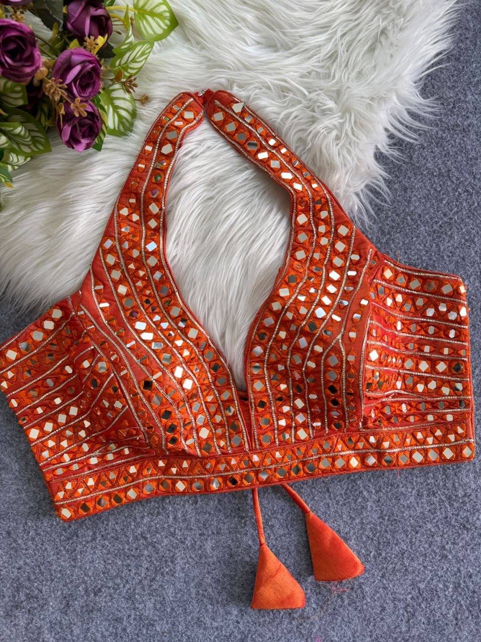 Laksharaa Sarees Readymade Halter top mirrors work blouse Orange