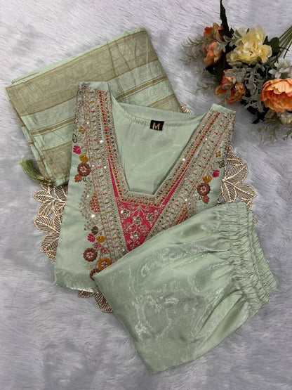Laksharaa Sarees Embroidered Kurta Set Sage Green Folded