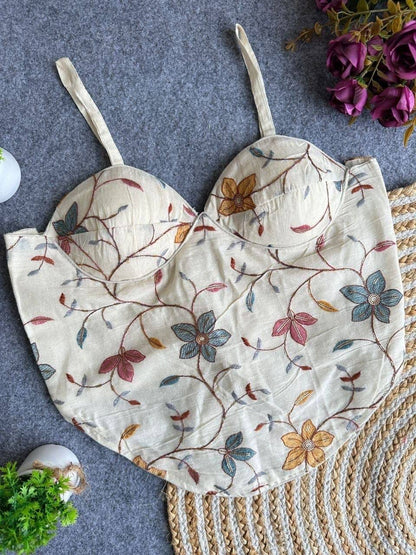 Laksharaa Sarees Khadi Cotton Corset Blouse Off-White with Multi-Color Floral Embroidery