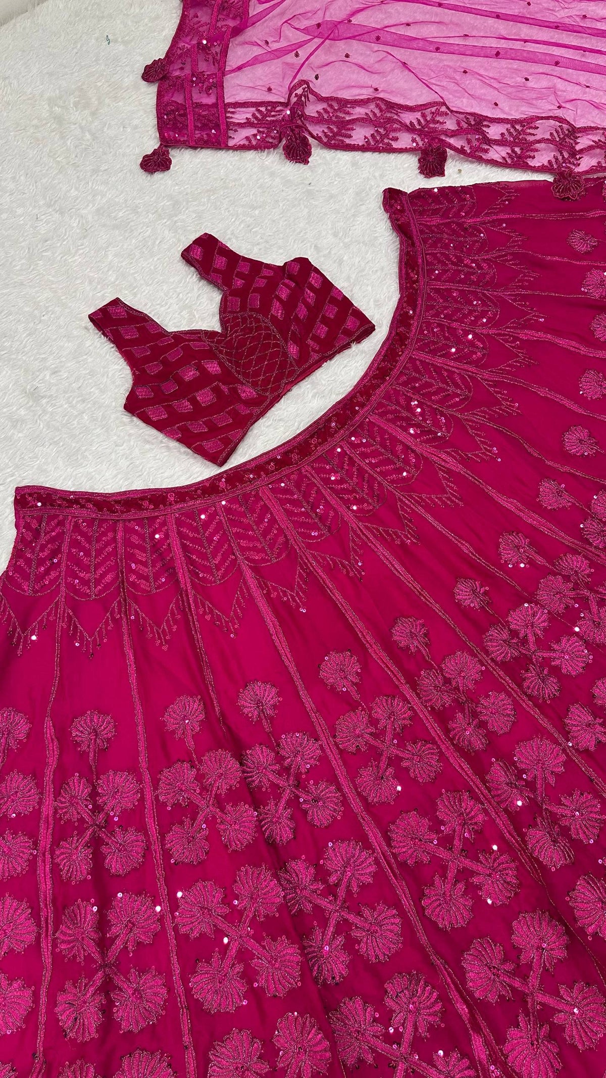 Laksharaa Sarees Premium Rani Pink Floral Lehenga Rani Pink skirt and blouse detail
