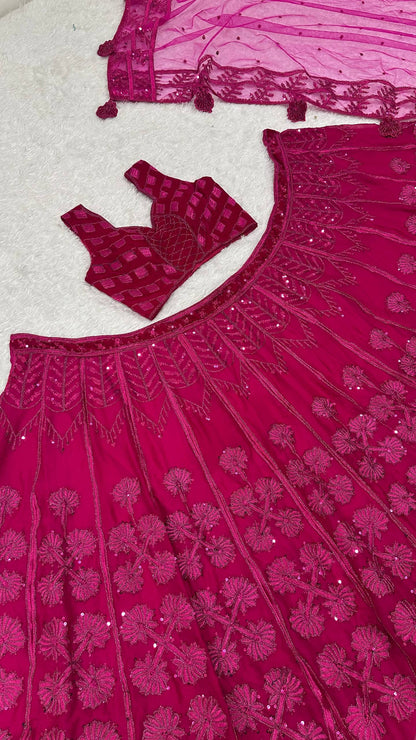 Laksharaa Sarees Premium Rani Pink Floral Lehenga Rani Pink skirt and blouse detail