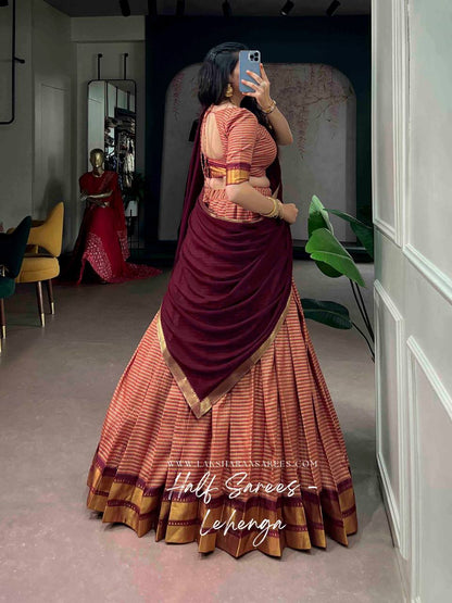 Laksharaa Sarees VENBA Kanchi Cotton Chex Half Saree Lehenga Red and Orange Checks with Burgundy Back View