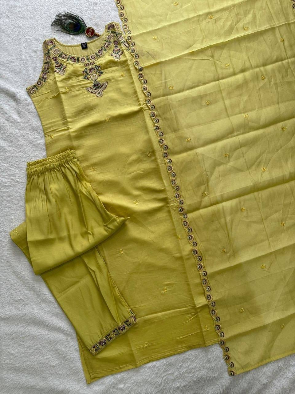 Laksharaa Sarees Festive Special mul Chanderi Kurti Set Pale Yellow laid out