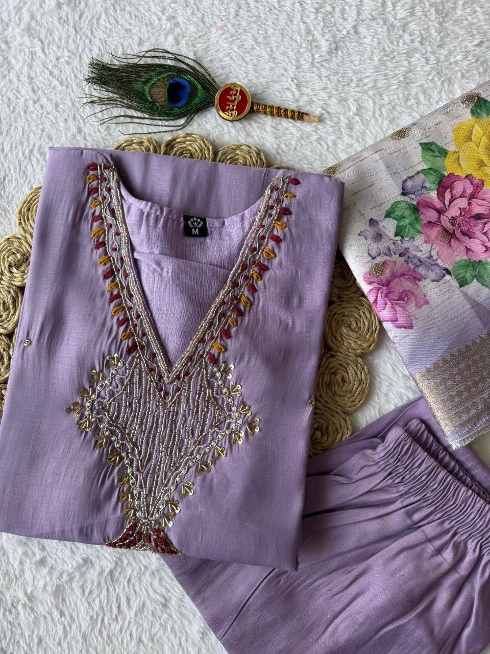 Laksharaa Sarees Premium Lavendar Purple Chanderi Silk Kurti Set Lavender Purple
