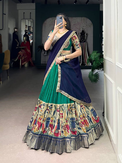 Laksharaa Sarees Kalamkari Chanderi Silk Half Saree Lehenga Blue