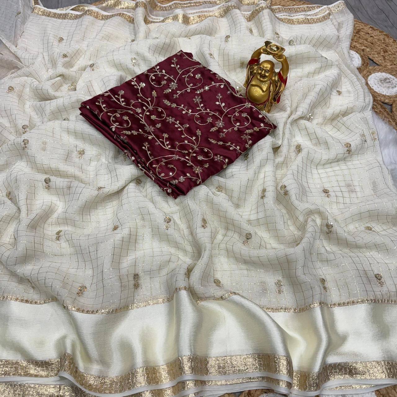 Laksharaa Sarees Ivory Cream x Maroon Viscose Saree Ivory
