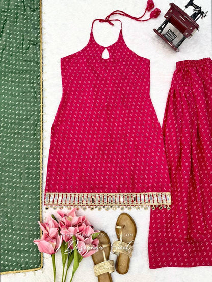 Laksharaa Sarees DORA Farsi Suit Pretty Pink flat lay with green dupatta