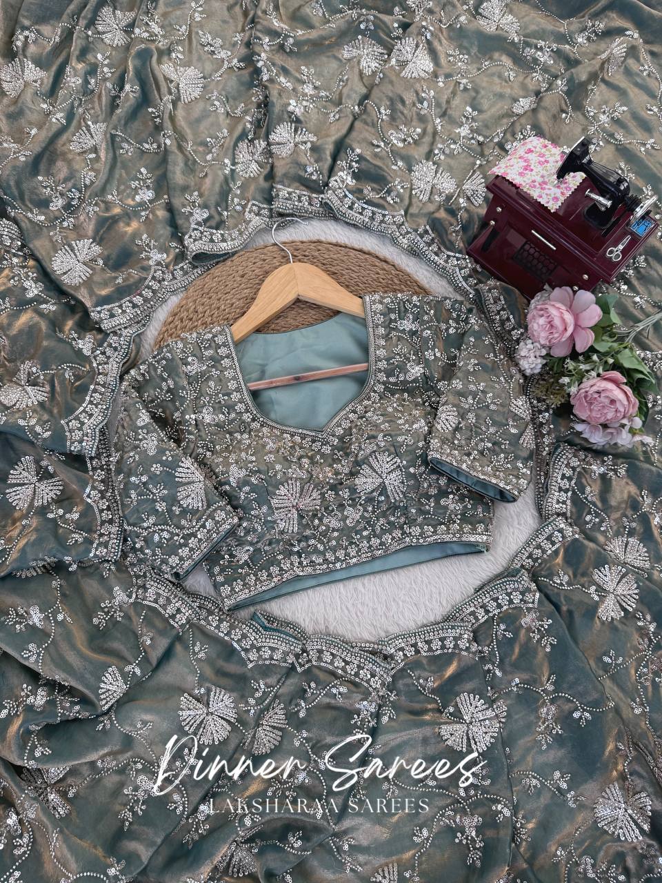Laksharaa Sarees MERLIN Grey Shimmer Partywear Saree with sequin work and unstitched blouse, flat lay detail