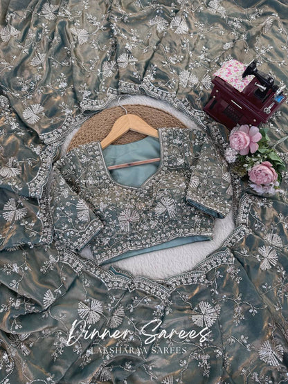 Laksharaa Sarees MERLIN Grey Shimmer Partywear Saree with sequin work and unstitched blouse, flat lay detail
