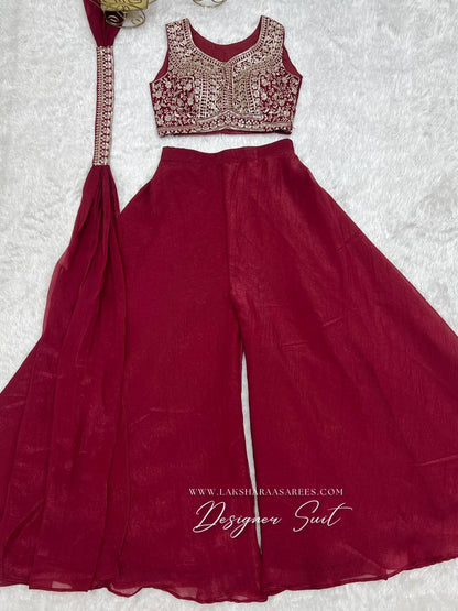 Laksharaa Sarees RAIZA - crop top Pallazo suit Burgundy flat lay