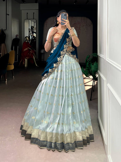 Laksharaa Sarees MAYURI — Slub Cotton Banarasi Half Saree Lehenga Aqua and Teal