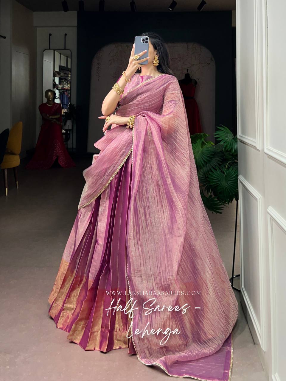 Laksharaa Sarees GEETHA — PINK tissue Zari half saree lehenga Pink