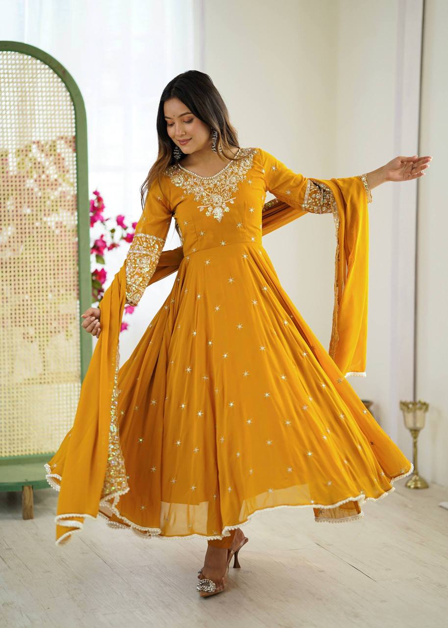 Laksharaa Sarees MYRA — Georgette Anarkali Suit Mustard Yellow Front View