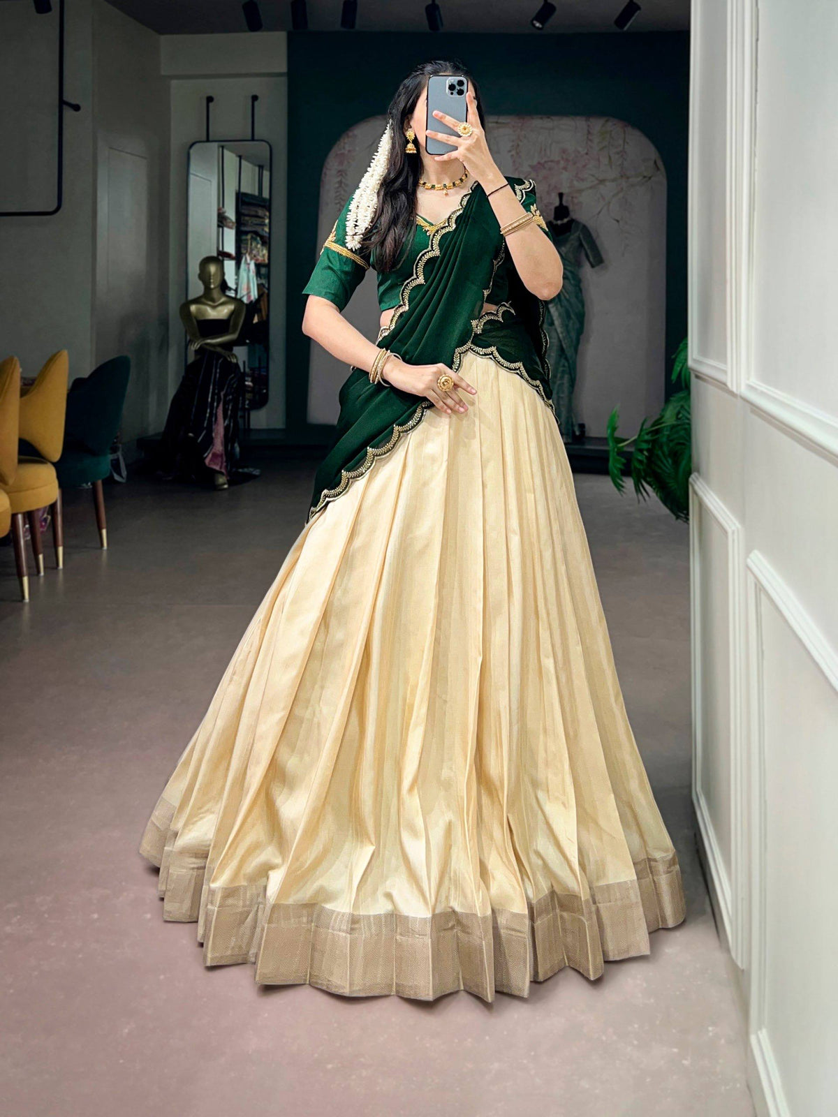 Laksharaa Sarees SAINDAVI Lehenga Set Champagne and Forest Green Front View