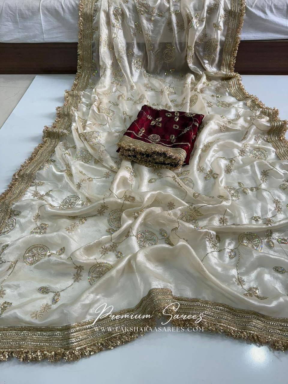 Laksharaa Sarees Shimmer Silk Saree with contrast blouse Off-White Flat Lay