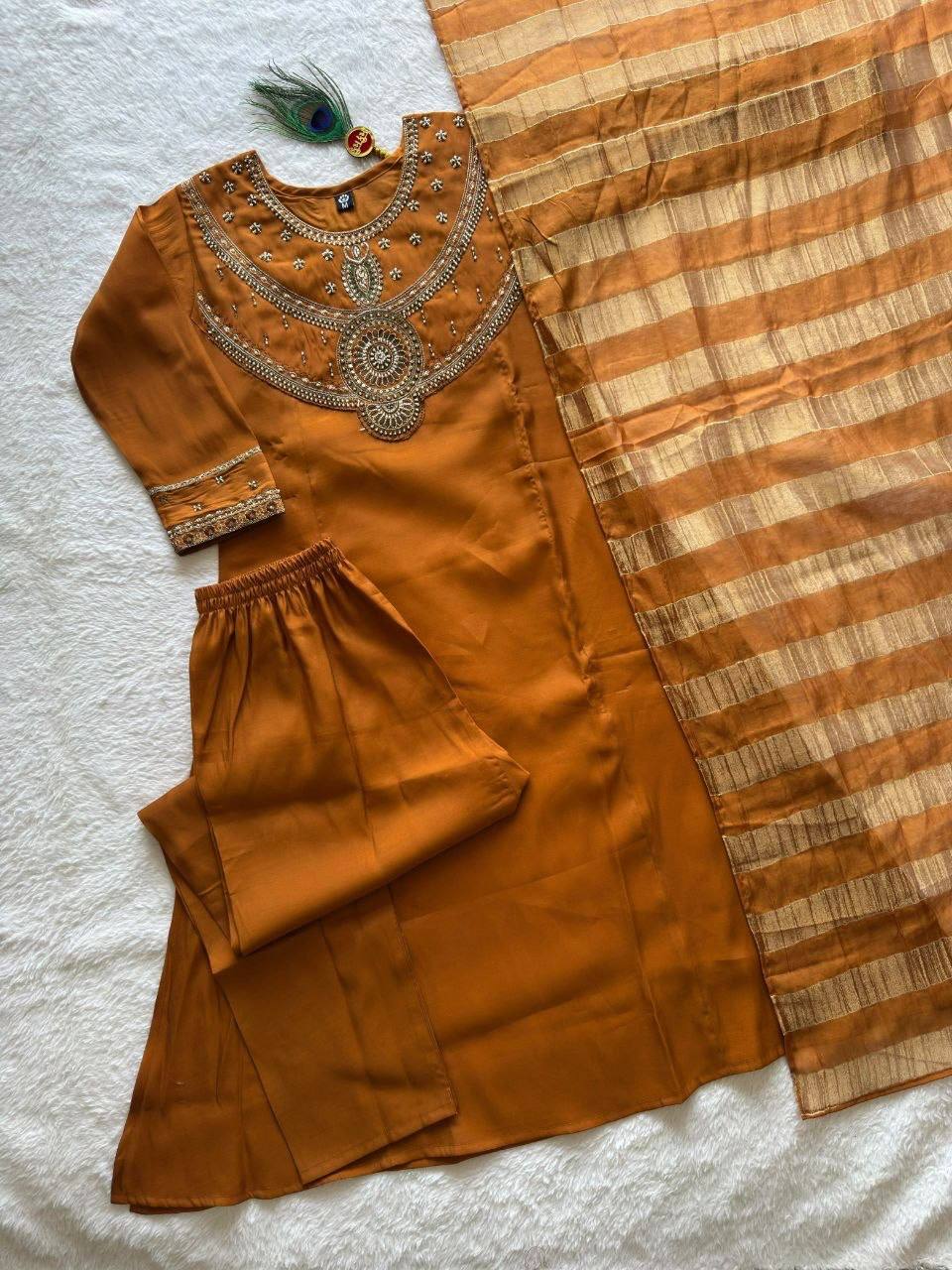 Laksharaa Sarees Festive Chanderi Cotton Kurti Set Burnt Orange Laid Out View