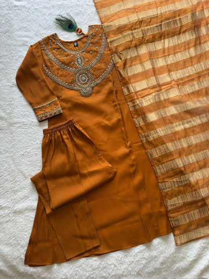 Laksharaa Sarees Festive Chanderi Cotton Kurti Set Burnt Orange Laid Out View