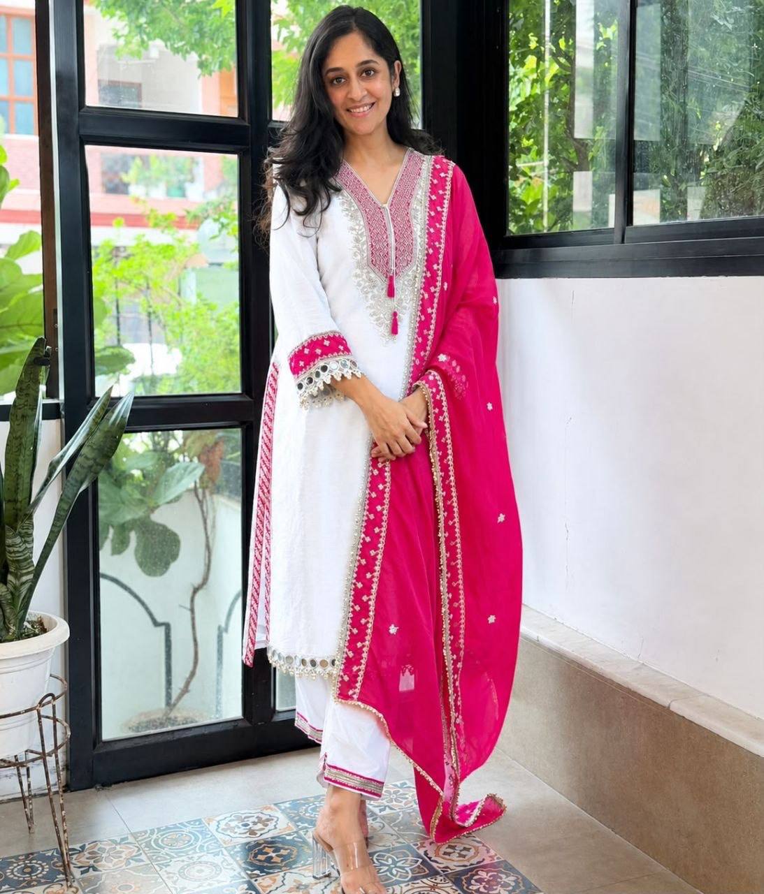 Laksharaa Sarees Chinnon Silk Kurti Set Off-White and Pink Worn by Model