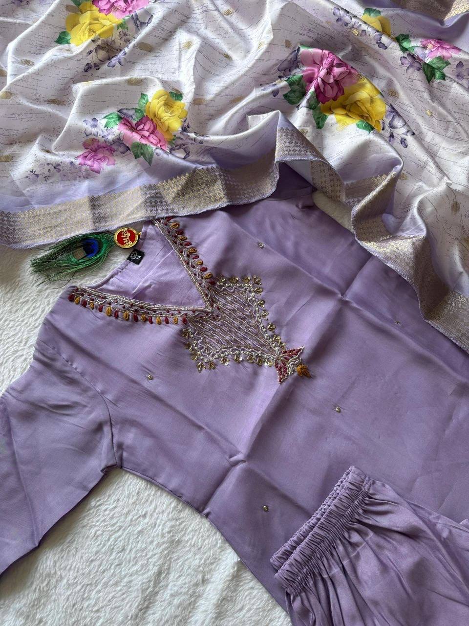 Laksharaa Sarees Premium Lavendar Purple Chanderi Silk Kurti Set Lavender Purple