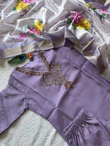 Laksharaa Sarees Premium Lavendar Purple Chanderi Silk Kurti Set Lavender Purple