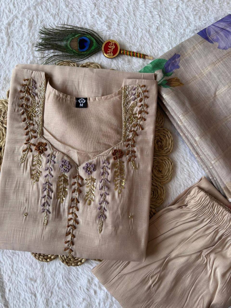 Laksharaa Sarees Festive Special mul Chanderi Kurti Set Champagne Top View of Kurti and Shawl
