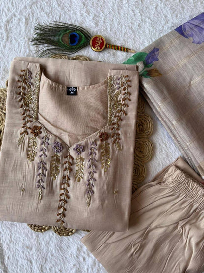 Laksharaa Sarees Festive Special mul Chanderi Kurti Set Champagne Top View of Kurti and Shawl