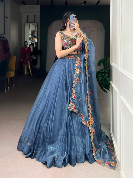 Laksharaa Sarees AVINA - Chanda Silk Lehenga Dusty Blue front view