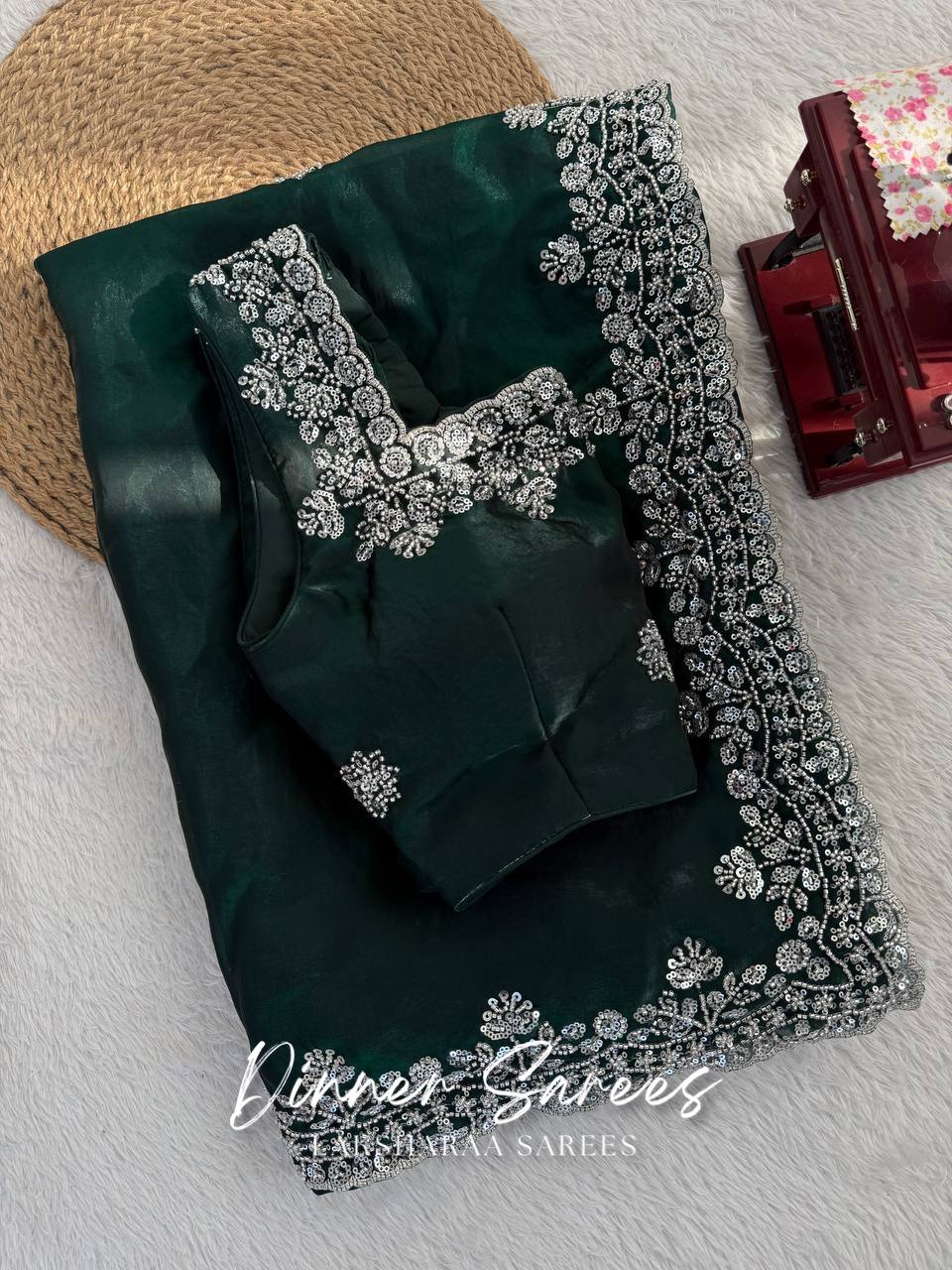 Laksharaa Sarees MEENA Grand Green Shimmer Saree and Blouse Folded