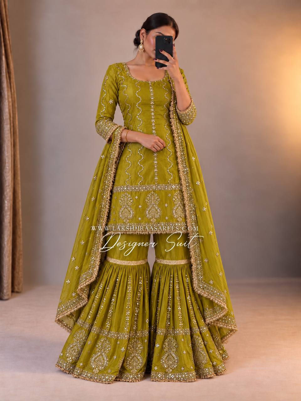 Laksharaa Sarees Abira Sharara Suit Olive Green Model Wearing Full Suit